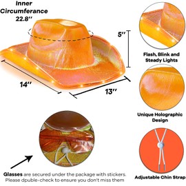 Funcredible Orange Light Up Cowboy Hat and Glasses - Led Cowgirl Hat for Girls - Neon Cowboy Hat - Cowgirl Costume Accessories for Women