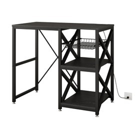 METYERRY Kitchen Bakers Rack with Power Outlet,Mini Fridge Cabinet with Mesh Basket, Mini Fridge and Microwave Table with Storage for Office,Kitchen,Living Room,Coffee Bar,Patio, Black