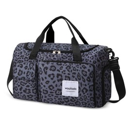 WOOMADA Foldable Travel Duffel Bag with Shoes Compartment, Overnight Bag with Wet Pocket & Trolley Sleeve, Weekender Bags for Women(B-black leopard)