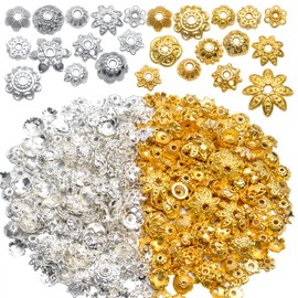 Aylifu Flower Bead Caps, 100 Gram Mixed Metal Flower Bead Caps Tibetan Bead Caps Spacers Bali Style Jewelry Findings Accessories for DIY Bracelet Necklace Crafting, Golden and Silver