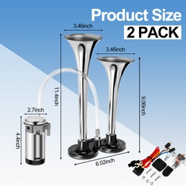 2 Pack 12V 150 dB Loud Air Horn Kit for Truck Boats Car with Air Compressor and Wire Harness Electric Train Horn Chrome Zinc Dual Trumpet Air Horns for Any 12V Vehicles(Silver)