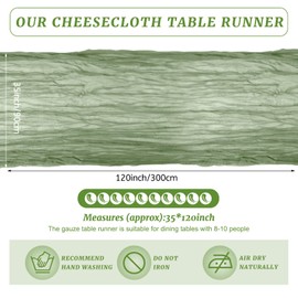 BOUBONI 1 Pack 10ft Sage Green Cheesecloth Table Runner 35x120 Inch Boho Gauze Table Runner Cheese Cloth Table Runner for Birthday Party Wedding Decoration Baby Shower Christmas Decor Special Events