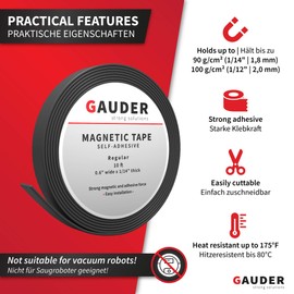 GAUDER Magnetic Tape Self Adhesive (0.6 Inch x 20 Feet) | Magnetic Strips with Adhesive Backing | Magnet Roll
