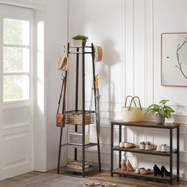 VECELO Industrial Coat Rack,Enterway Clothes Stand with 2 Tier Storage Shelves and Metal Basket,Upgrade Hall Trees with 8 Dual Hooks,Antique Brown