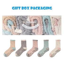 Bulinlulu Fuzzy Socks With Grips for Women 5-Pairs Non Slip Sleep Warm Fluffy Slipper Socks with Grippers for women(Orange+Brown+Pink+Blue+Yellow)
