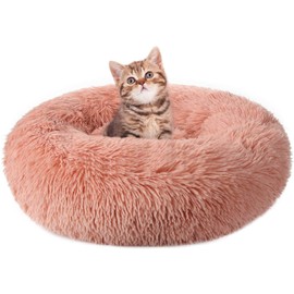 rabbitgoo Cat Bed for Indoor Cats, Soft Plush Donut Cuddler Cushion Fluffy Round Bed, Self Warming Calming for Small Dogs Kittens, Non-Slip, Machine Washable, Light Pink, 20 inches