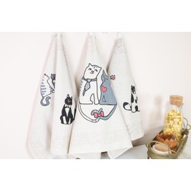 textile idea - Set of 3 Half-Linen Tea Towels 46 x 60 cm, Kitchen Towels, Small Hand Towels 60% Linen, 40% Cotton, Hand Towel with Hanger - Cats, Pack of 3
