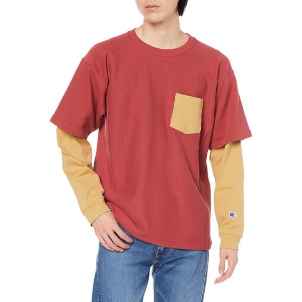 Champion C3-V023 Men's Sweatshirt, 100% Cotton, Pockets, Layered Style, Relaxed Fit, Crew Neck Sweatshirt, Reverse Weave (R), red (burgundy)