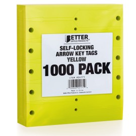 Better Office Products Self-Locking Arrow Key Tags, 1,000 Per Pack, 4.5" x 0.75", Plastic ID Key Tags, Precision Die Cut, (Yellow)