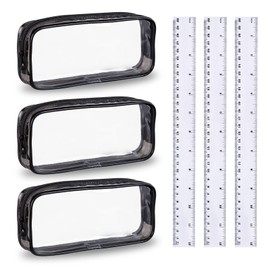 3 Pcs Clear Pencil Case, Transparent Pencil Case For Exams, Waterproof See Through Stationery Box, Versatile Portable PVC Pouch Organizer For Stationery, Toiletries, Makeup (With 3 Ruler 30cm)