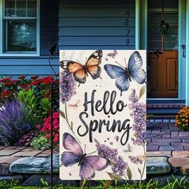 PureGorm Hello Spring Garden Flag with Butterflies and Lilac Flowers Vertical Double Sided Garden Flag Seasonal Rustic Yard Lawn Outdoor Decor 12.5x18"