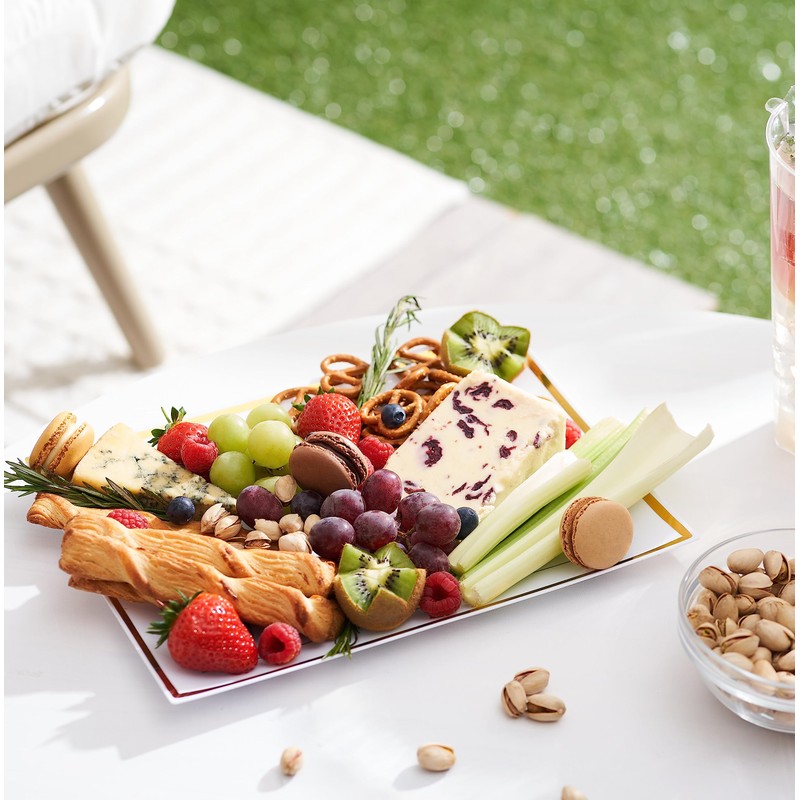 MATANA 6 White Plastic Serving Platters with Gold Border, Food