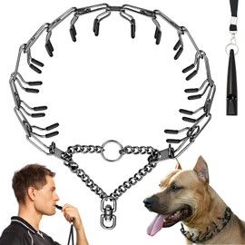 Dog Training Collar and Dog Whistle Set Stainless Steel No Pull Dog Collar Adjustable Dog Walking Collar with Comfort Rubber Caps for Dogs(Black,L-24inch)
