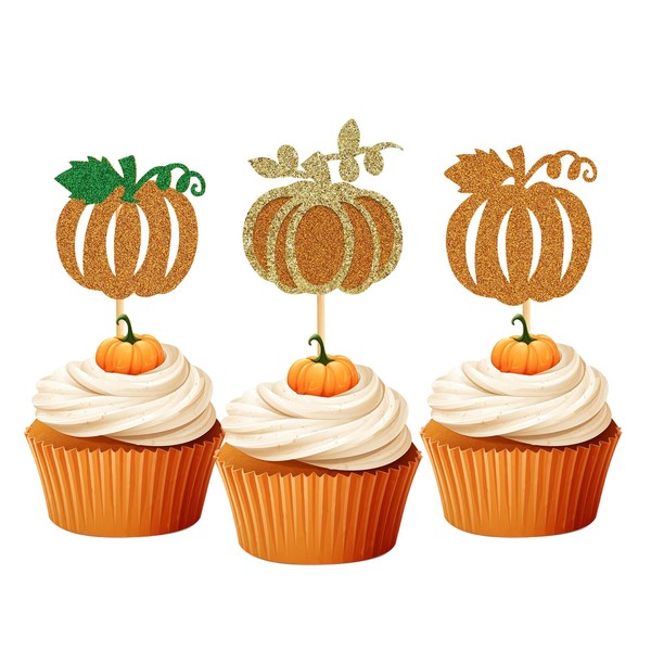 60Pcs Pumpkin Cupcake Toppers,Glitter Fall Theme Cupcake Picks for Birthday