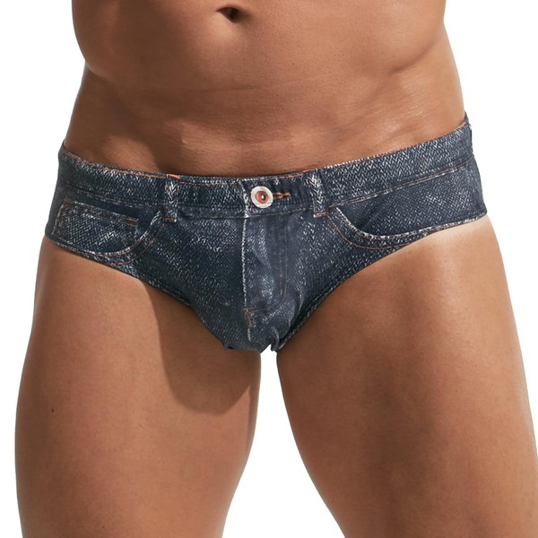 PINKY SENSON Swim Briefs Men's Faux Jeans Print Quick-Dry Beachwear