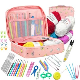 59 Pcs Crochet Hooks Kit Knitting Starter Kit for Adults Ergonomic Crochet Soft Grip Handle Crochet Tools DIY Weave Yarn Kits with Carry Bag Hooks Set for Beginners Adults (Pink)