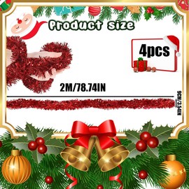 YEAP Pack of 4 Christmas Tree Tinsel, Christmas Tinsel Garland, Tinsel Tree Decoration, Shiny Tinsel Garland, Hanging Decorations for Christmas, Holidays, Indoor Outdoor, 2 m Each, Red