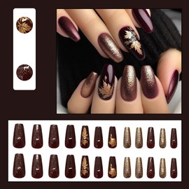 Fall Press on Nails Medium Square Fake Nails Dark Brown Nails Press ons Maple Leaf Stick on Nails Gold Glitter Acrylic Nails Press on Full Cover Sparkly Glue on Nails for Women Girls 24 Pcs