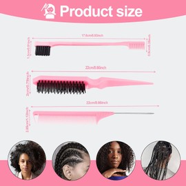 Juego de 3 cepillos para bordes con 1 cepillo para bordes, 1 cepillo para el pelo de cerdas, 1 peine para cola de rata, juego de cepillos para pelos de bebé y moscas, color rosa