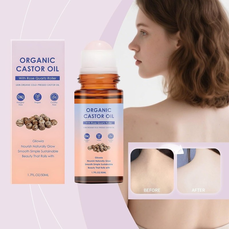 Organic Castor Oil with Rose Quartz Roller, Deep Hydration Skin