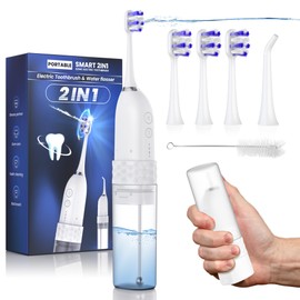 Hilo dental de agua con cepillo para polvo de dientes eléctrico, un interruptor entre cepillo para polvo de dientes y hilo de agua, kit de limpieza de dientes 3 en 1 con 4 modos