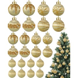 Poen 24 Pcs Christmas Balls Ornaments 3 Size Satin Silk Xmas Hanging Ball Decorations Luxury Shatterproof Christmas Tree Decor for Xmas Holiday Wedding Party Decoration (Gold)