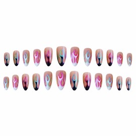 MISUD Press on Nails Almond Medium Fake Nails Glossy Glue on Nails Black White Flame Acrylic Nails Stiletto Artificial Nails Colorful Fire Stick on False Nails with Design 24 pcs