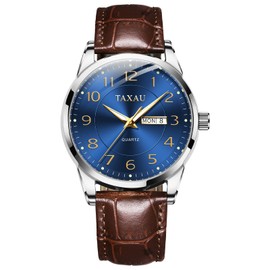Taxau Mens Dress Watch Light Brown Leather Band Waterproof Watches for Men Easy Read Large Face Watch with Date Casual Arabic Numeral Blue Dial Men's Watch