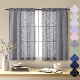 Chyhomenyc Sheer Grey Curtains 45 Inch Length 2 Panels, Airy Jacquard Textured Kitchen Bedroom Livng Room Curtain Small Window, Farmhouse Leaves Voile Drapes, 42W x 45L, Set of 2, Grey