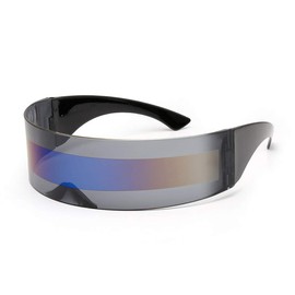 Futuristic Cyclops Monoblock Shield Mirrored Sunglasses (Black, Blue)