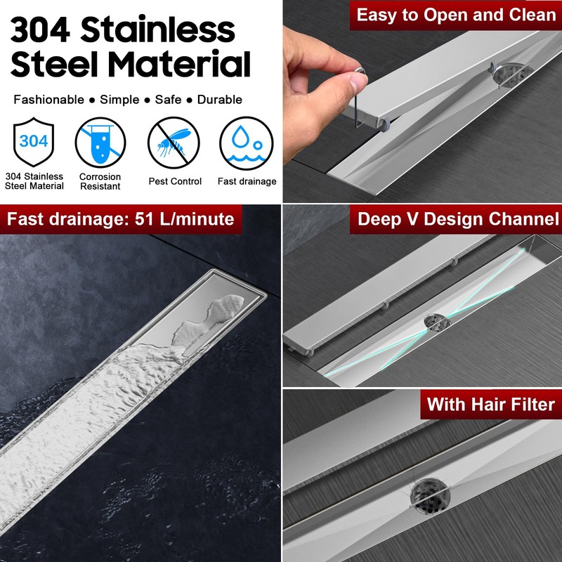DLONE Linear Shower Drain | 28" AISI 304 Stainless Steel