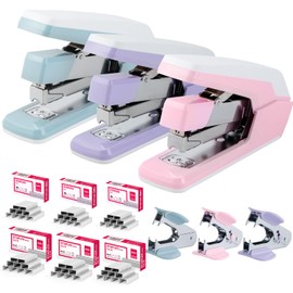 Deli Stapler, Effortless Staplers for Desk, 40-50 Sheet Capacity Heavy Duty Stapler, One Touch, No Effort, Easy to Load, Stapler with 1500 Staples & Staple Remover, 3 Pack, 3 Colors