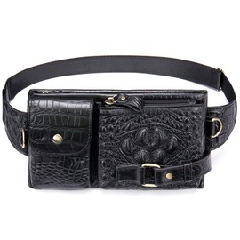 Mens Fanny Pack, Rugged Genuine Leather Waist Bags for Men Bumbag Waist Pack for Hands-free Crocodile Black