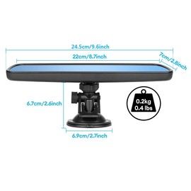 9.6'' Anti Glare Rear View Mirror with Suction Cup, Stick on Universal Inside Rearview Blue Mirror with Realistic Flat Wide Angle Mounted on Windshield for Car Auto Truck SUV Van (245mm)