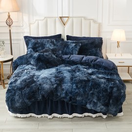 JAUXIO Shaggy Fluffy Duvet Cover Set with Pillowcases Faux Fur Bedding Comforter Cover Luxury Furry Tie Dye Marble Print (Navy, King)