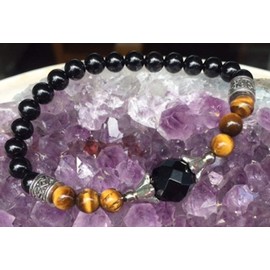 Handmade 7 Inch Black Onyx, Black Tourmaline and Tigers Eye Healing Bracelet