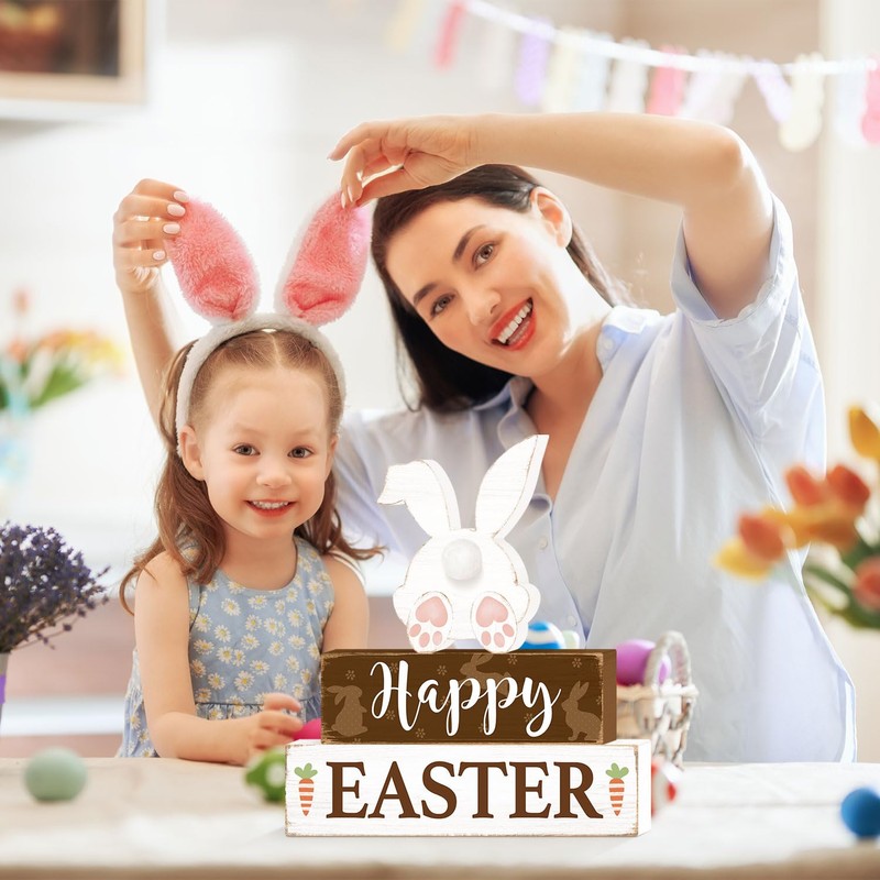 Happy Easter Bunny Table Sign Decorations, Easter Wooden Block Tabletop