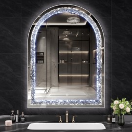 Hasipu 40" x 30" LED Diamond Wall Mirror, Arched Crystal Diamond Mirror for Home Décor, Led Mirror for Bathroom Entryway and Bedroom,Dimming & 3 Color Modes