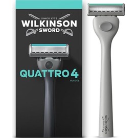 Wilkinson Sword Quattro Men’s Razor Handle, 1 Blade Refill | 4 Diamond Coated Blades, Protective Grid Technology for Less Irritation, Standing Grippy Handle, Face or Body Razors for Men