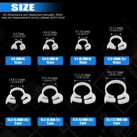 Glarks 70Pcs 8 Size Heavy Duty White Double Gripping Nylon Hose Clamps Set, 6.6-27.2mm Plastic Snap Ratcheting Clamps Assortment Kit (White 70Pcs)