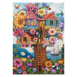 Treehouse Flower Puzzle for Adults 1000 Pieces, Fantasy Tree of Life Jigsaw Puzzle, Colorful Tree Butterfly Floral Ocean Puzzle