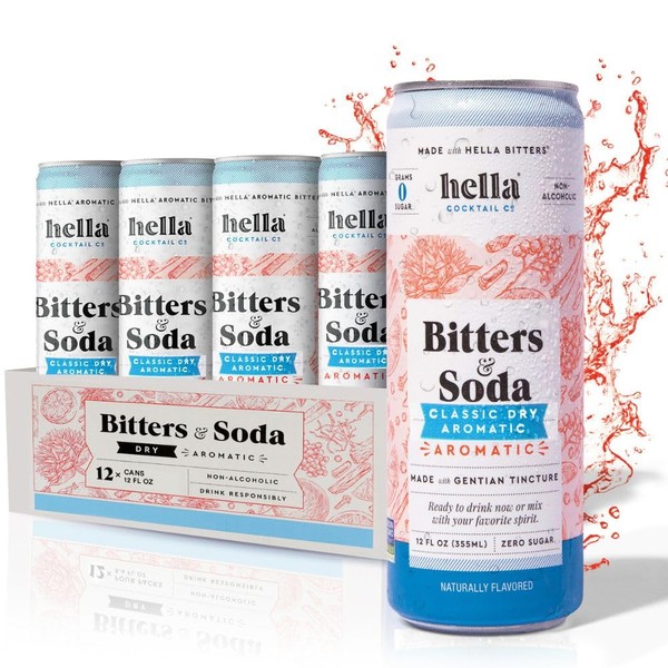Hella Cocktail Co. Classic Dry Aromatic Bitters & Soda - 12oz Cans, 12 Pack I Ready to Drink, Sugar Free Non Alcoholic Drinks or Aromatic Bitters for Cocktails & Mocktails, Alcoholic Replacement Drink