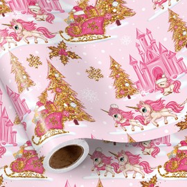 RUSPEPA Princess Christmas Wrapping Paper Roll, Mini Roll, Unicorn Sleigh, Castle and Golden Tree Design, Pink Gift Wrap for Girls, Kids, Friends, Family, Xmas, Holiday Party, 17 Inches x 16.4 Feet
