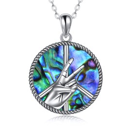 AXELUNA Peace Sign Necklace Sterling Silver Abalone Shell Peace Sign Hand Pendant Necklace Jewelry for Women Men Gift