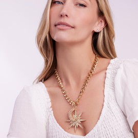 JTV Gold Plated Celestial Charm Necklace with Crystal Stars and Moons - Charm Necklace for Women - Moon Necklace for Women - Trendy Gold Necklace - Gold Charm Necklace for Summer - Pendant Necklace