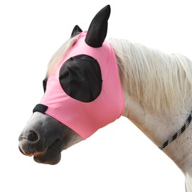 Gallopoff Stretchy Horse Fly Mask, No-Rub Comfort Fit, Skin-Safe Mesh Eyes & Ears Cover with UV Protection, Tangle-Free for Mane & Forelock, Enhanced Visibility Pink Full