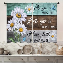 Famiffty Farmhouse Daisy Kitchen Curtain 27.5W X 39L Inch 2 Panel Rod Pocket Teal Floral White Flower Butterfly Wooden Plank Board Inspirational Small Short Cafe Tier Window Drapes Bathroom Home Decor