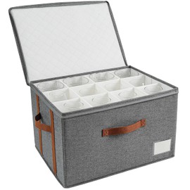 Stemware Storage Cases,Wine Glass Storage Box,with Dividers, Holds 12 Red or White Wine Glasses, Durable Glassware Storage Containers for Crystal or Stemware(Grey red, Stemware storage cases)