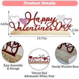 FESTGLOX Happy Valentine's Day Sign with Wood Base, Metal Valentine’s Day Decoration for Tabletop Centerpiece, Romantic Home Decorations for Valentine Gift Anniversary
