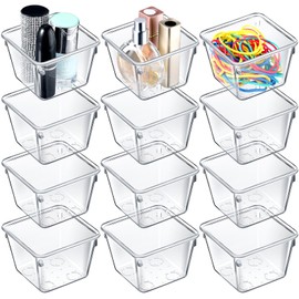 Tioncy 16 Pcs Clear Drawer Organizers 3" x 3" x 2" Stackable Small Makeup Vanity Storage Bins Small Desk Drawer Organization Clear Container Dividers for Makeup Vanity Office Bathroom Kitchen Utensil | Tioncy
